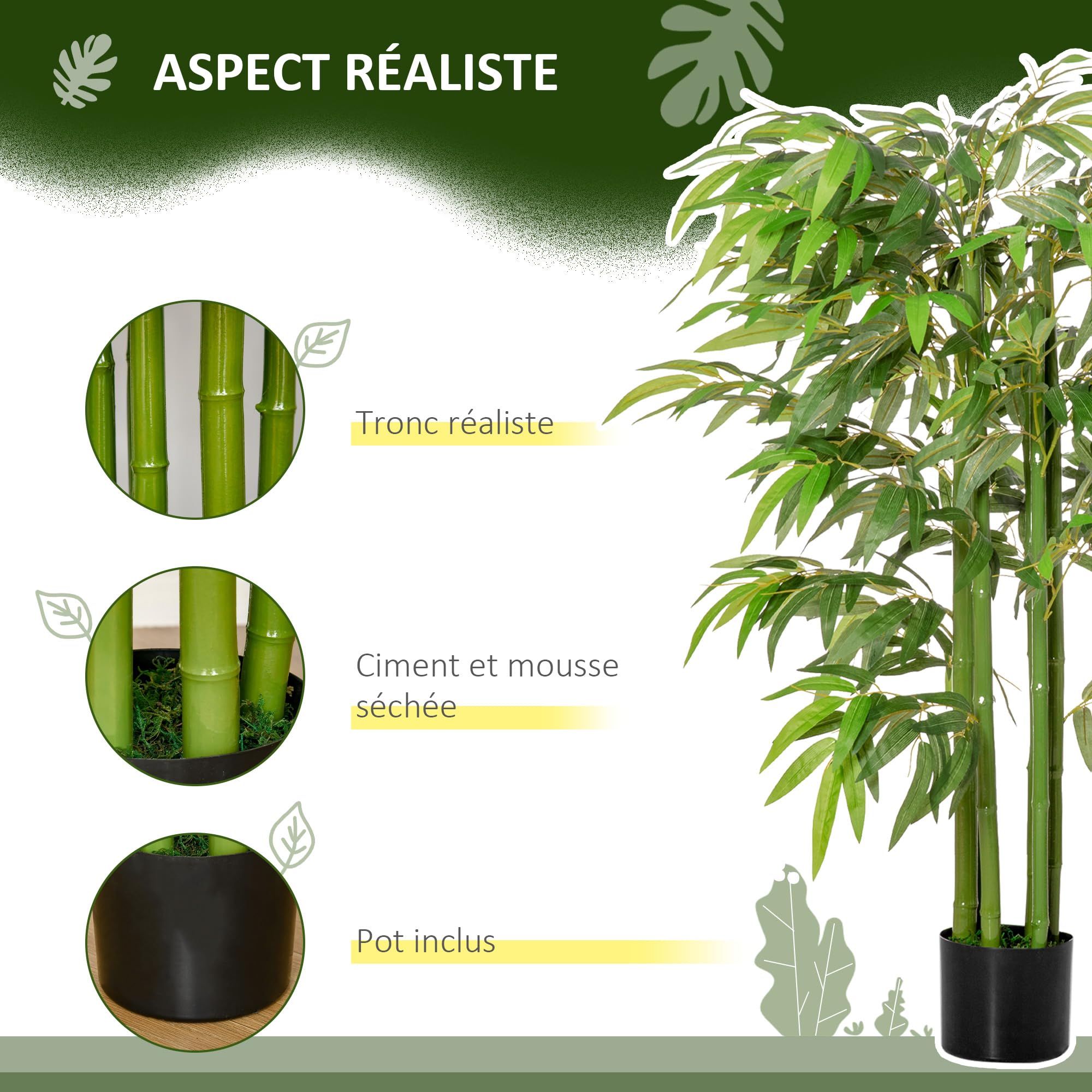 HOMCOM Plante Artificielle Bambou Arbre Artificiel avec Pot 140 cm Vert | Fausse Plante, Décoration Maison, Bureau, Salon, Chambre
