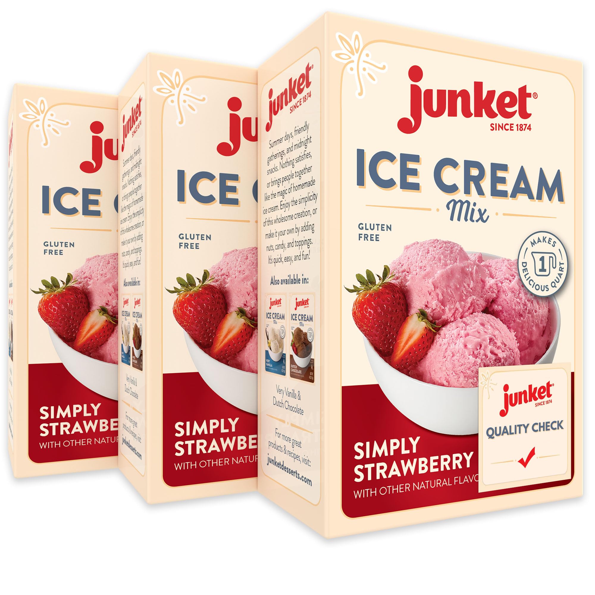 Junket Strawberry Ice Cream Mix: Makes 3 Quarts Old Fashioned Homemade Ice Cream for Ice Cream Maker or Hand Stir - Just Add Milk and Cream, Chill, and Enjoy. Quick and Easy! 4 oz Box of Powdered Ice Cream Starter Mix (Pack of 3)