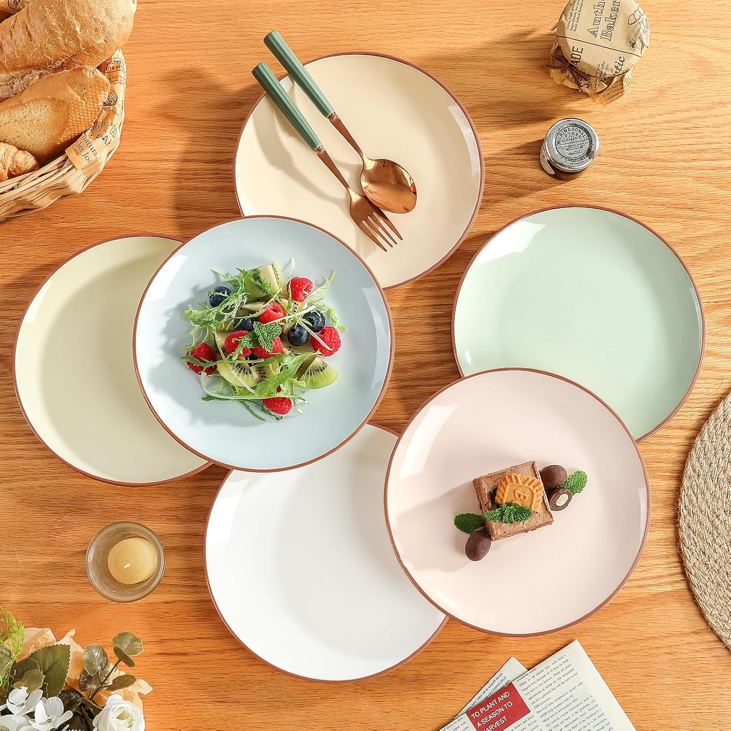 Dessert Plate Set of 6-8 Inch Colorful Ceramic Plates for Appetizer, Salad, Lunch - Modern Serving Dishes - Microwave, Oven and Dishwasher Safe - Assorted Candy Hue