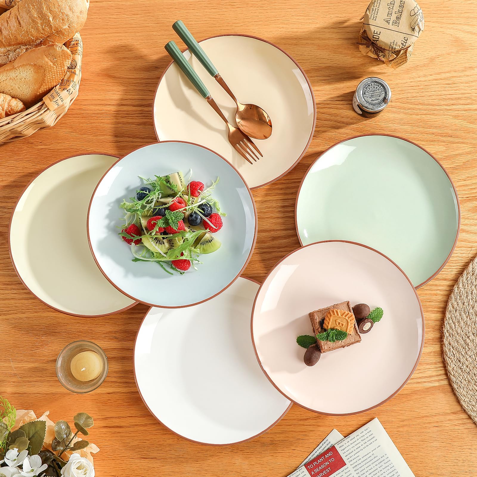 AHX Platos Postre Colores Plato Ceramica - Juego de 6 Platos para Ensalada en Estilo Multicolor - Set Platos de Desayuno - Platos Llanos Pequeños para Servir Aperitivos | Postres | Ensaladas - 20 cm