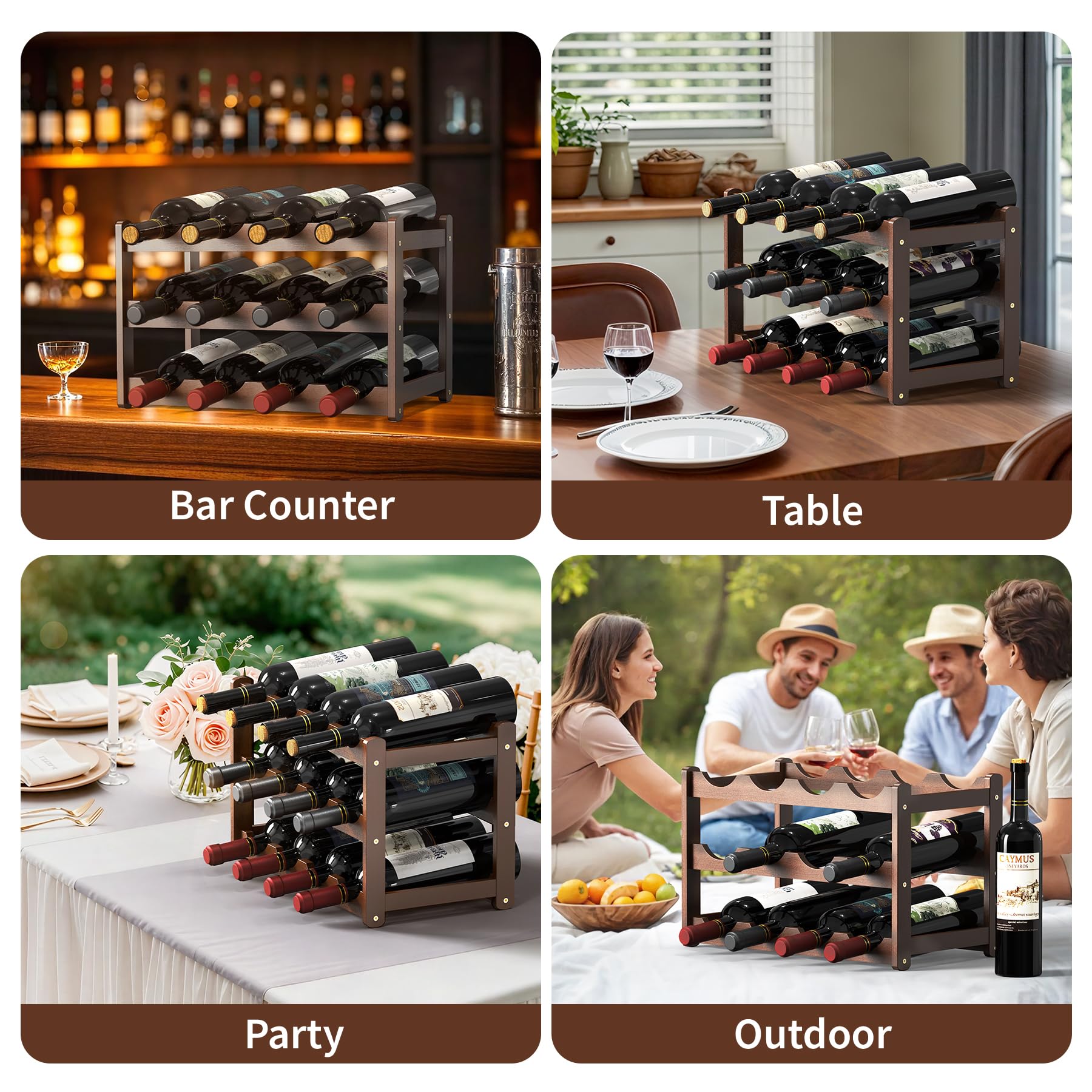 Botelleros para encimera, 3 pisos de 12 botellas de madera, bodega, cocina, enfriador de vino, bar, estante de almacenamiento de vino, 4 soportes para copas de vino (marrón) (CAWR-03)