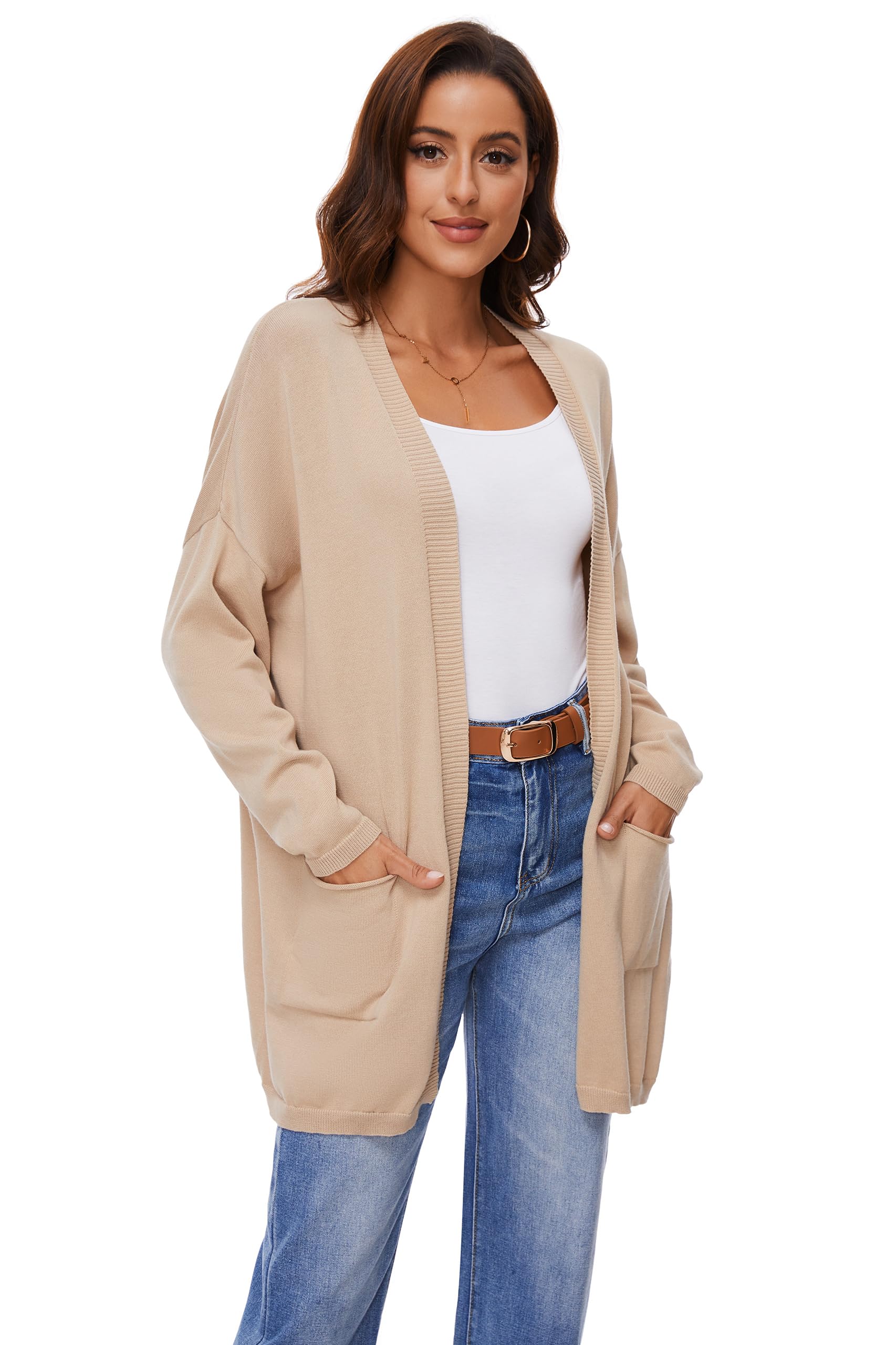 Cardigan Aperto in Cotone 100% per Donna con Tasche, Maniche Lunghe, Morbido, Oversize, Maglione Casual da Donna, Khaki, L