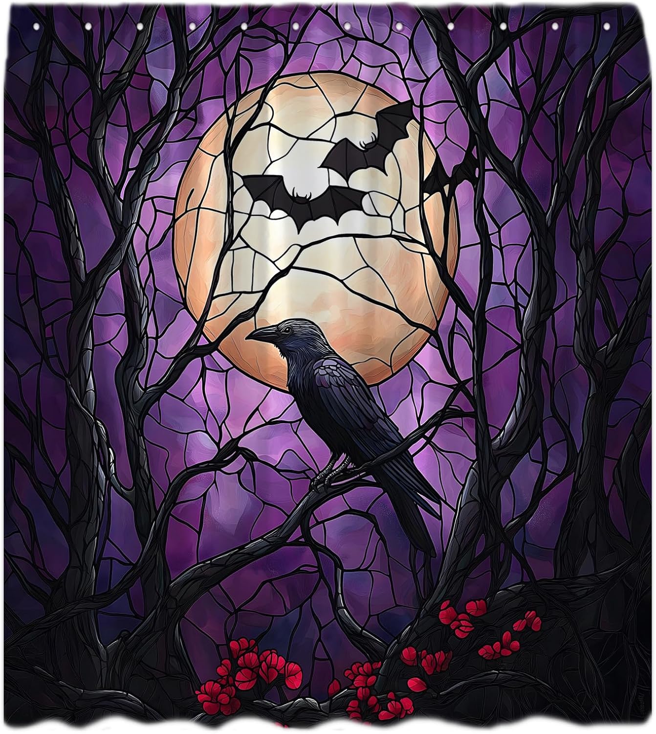 Crow Halloween Shower Curtain Purple Stained Glass Black Crows Bats on Vintage Dead Tree Branch Full Moon Spooky Gothic Night Horror Creepy Scary Fabric Bath Curtain with Hook