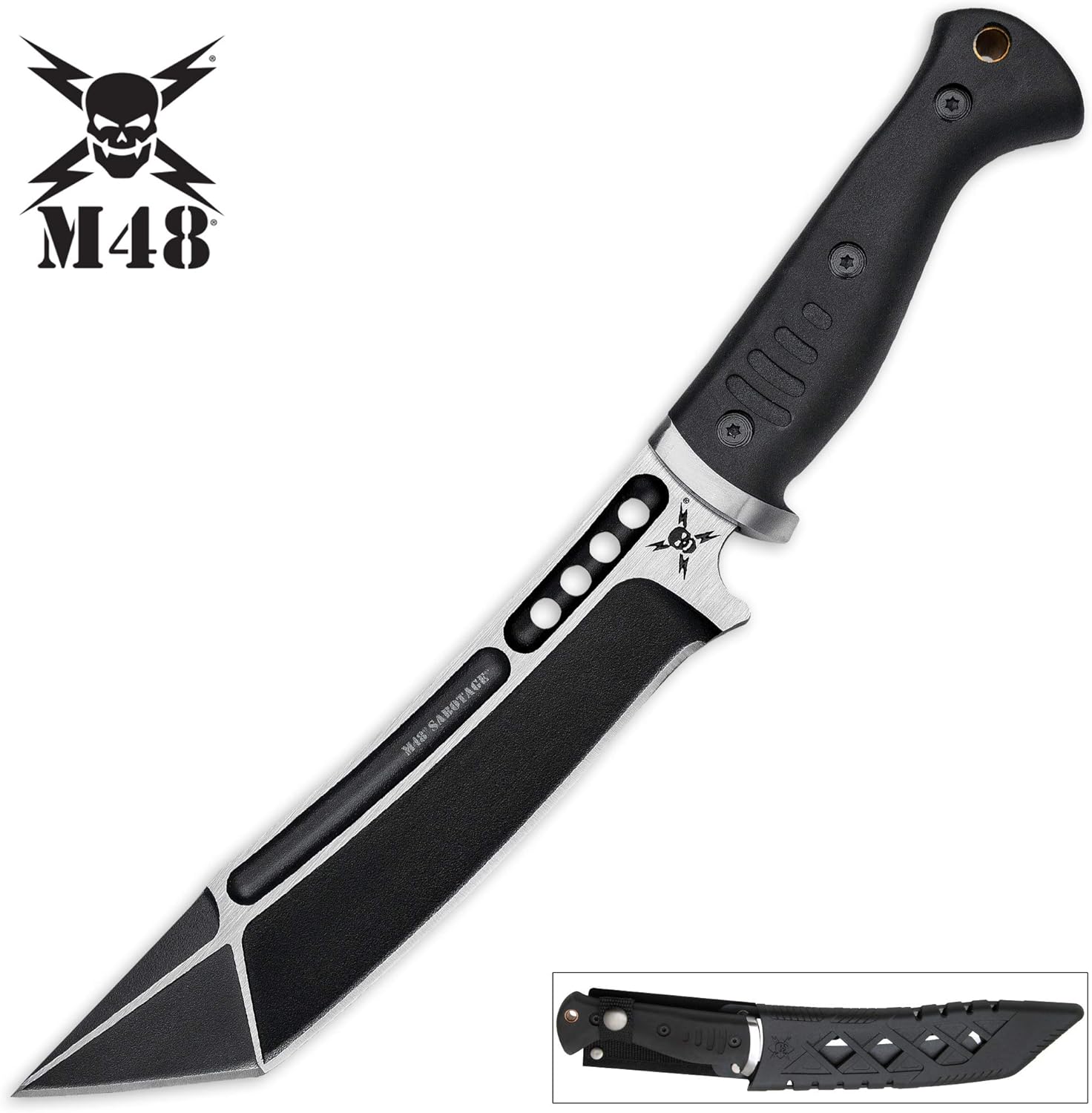 M48 Sabotage Tanto Fighter Knife – Black Oxide Coated Stainless Steel Blade, Injection Molded TPR Handle, Vortec Blade Cover - A New Age of Tanto Knife for the Modern User