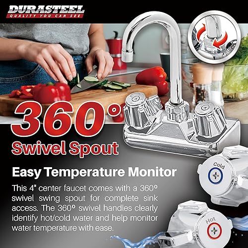 Miniatura 4 de DuraSteel - Grifo para fregadero de cocina comercial de 4 pulgadas con boquilla de cuello de cisne de 3-12 pulgadas, certificado NSF, asas de doble