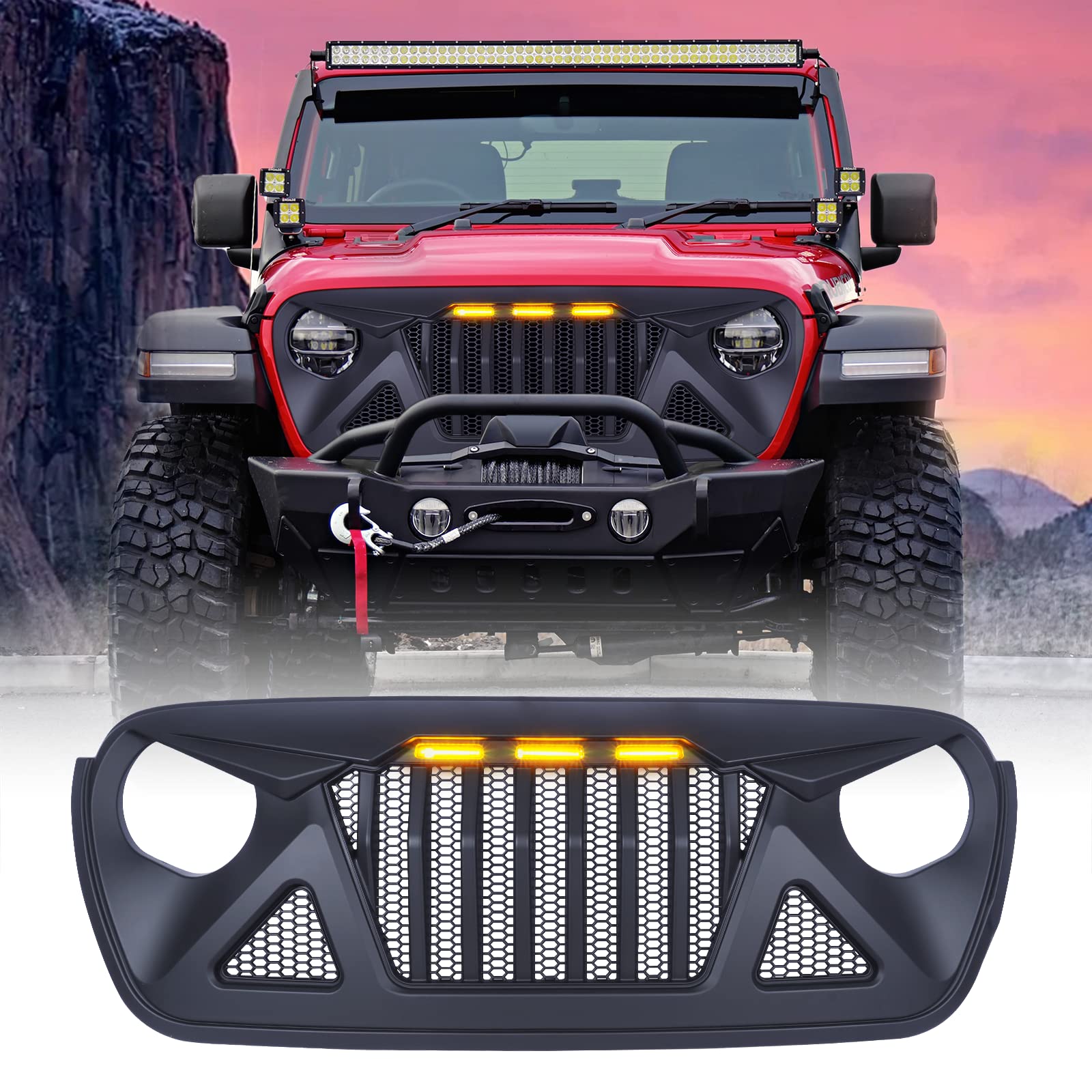 Front Grill for 2018-2022 2023 Jeep Wrangler JL JLU Gladiator JT Grille Aftermarket Front Grille with Amber LED Grills Lights fit 2020 2021 2022 2023 Jeep Gladiator JT Grille Accessories