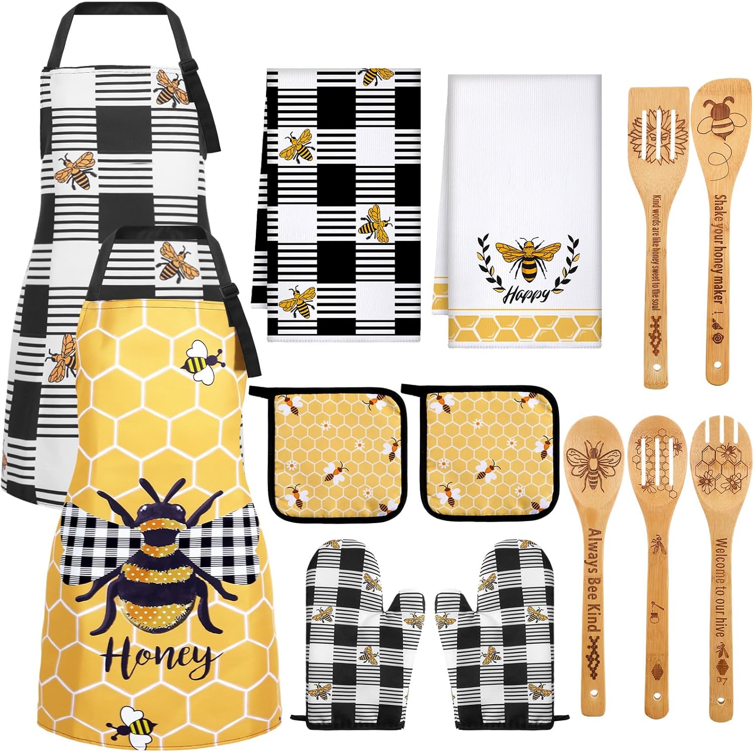 Bencailor 13 Pcs Bee Sunflower Farmhouse Kitchen Set Include 5 Cute Wooden Spoons 2 Kitchen Towels 2 Apron 2 Oven Mitts 2 Pot Holders for Housewarming Gifts (Yellow,Bee)