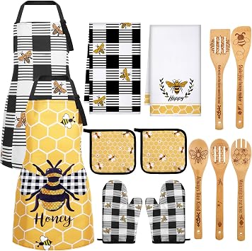Bencailor 13 Pcs Bee Kitchen Decor Accessories Kitchen Apron Dish Towels Oven Mitts and Pot Holders Cute Wooden Spoons for Bee Festival Farmhouse Home Decoration Housewarming Gifts