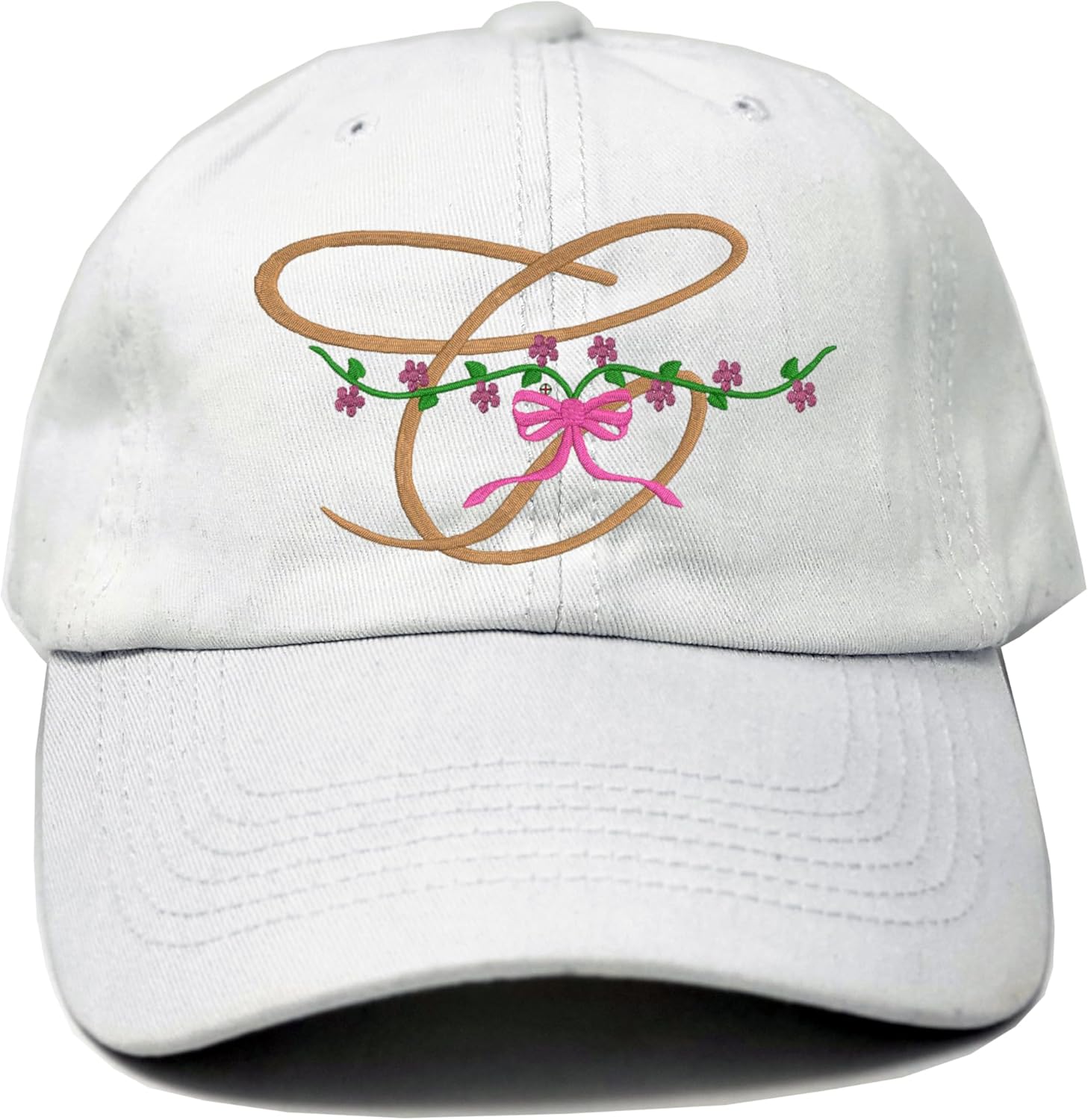 (SIMILAR TO STOCK PHOTO) Initial cap (white), Initial C cap hat, initial C with flowers embroidered cap, Mother's day gift, Initial with garden flowers embroidered cap, floral cap, Alphabet cap hat
