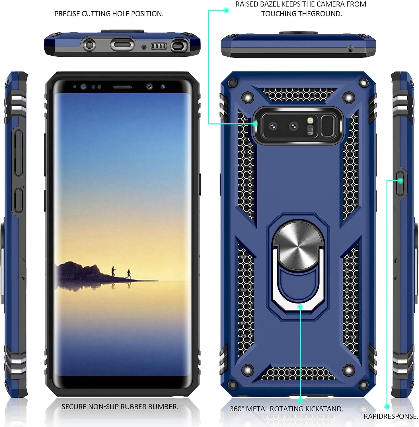 Compatible for Samsung Galaxy Note 8 Case with HD Screen Protector, Gritup Military-Grade Shockproof Protective Phone Case with Magnetic Kickstand Ring for Samsung Note 8 Blue