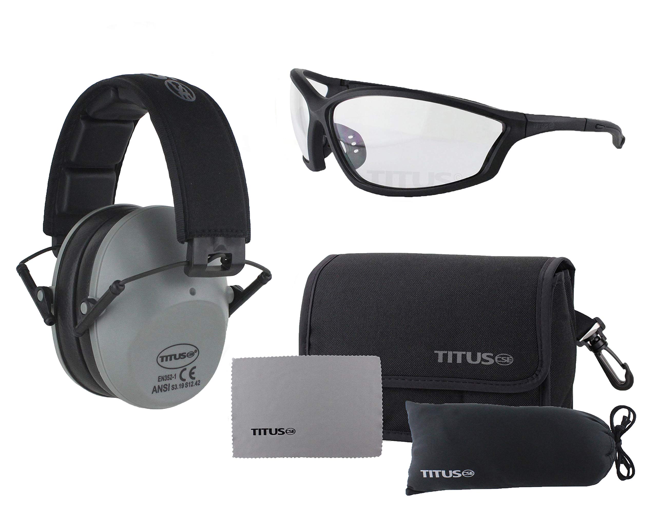 Titus 2 Series - 34 NRR Slim-Line Hearing Protection &G26 Competition Z87.1 Safety Glasses Combos (Olive, Clear)