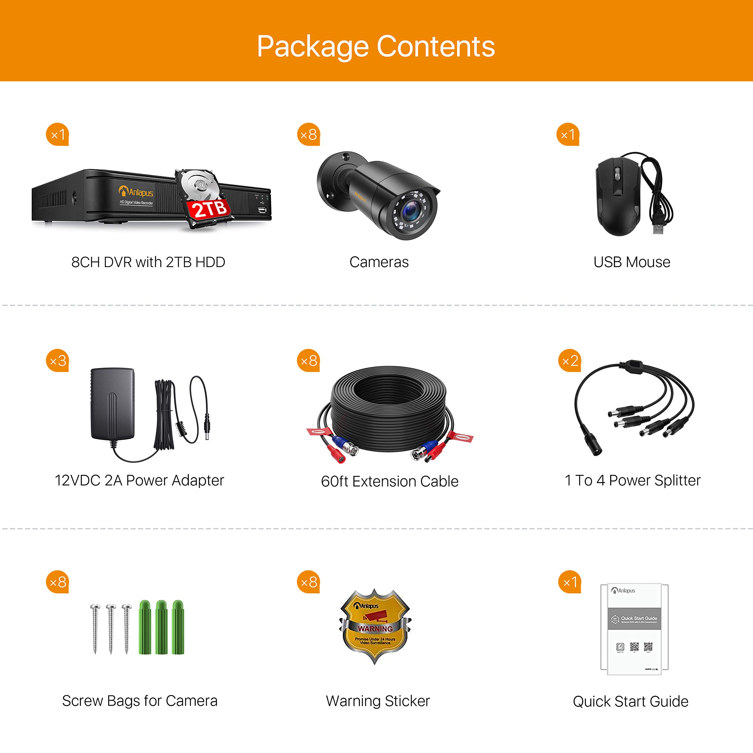 Anlapus 1080P H.265+ Kit Cámaras de Vigilancia Exterior 8CH Videograbador DVR con 8 Cámaras de Seguridad 2TB Disco Duro, Visión Nocturna, Alarma Email, P2P