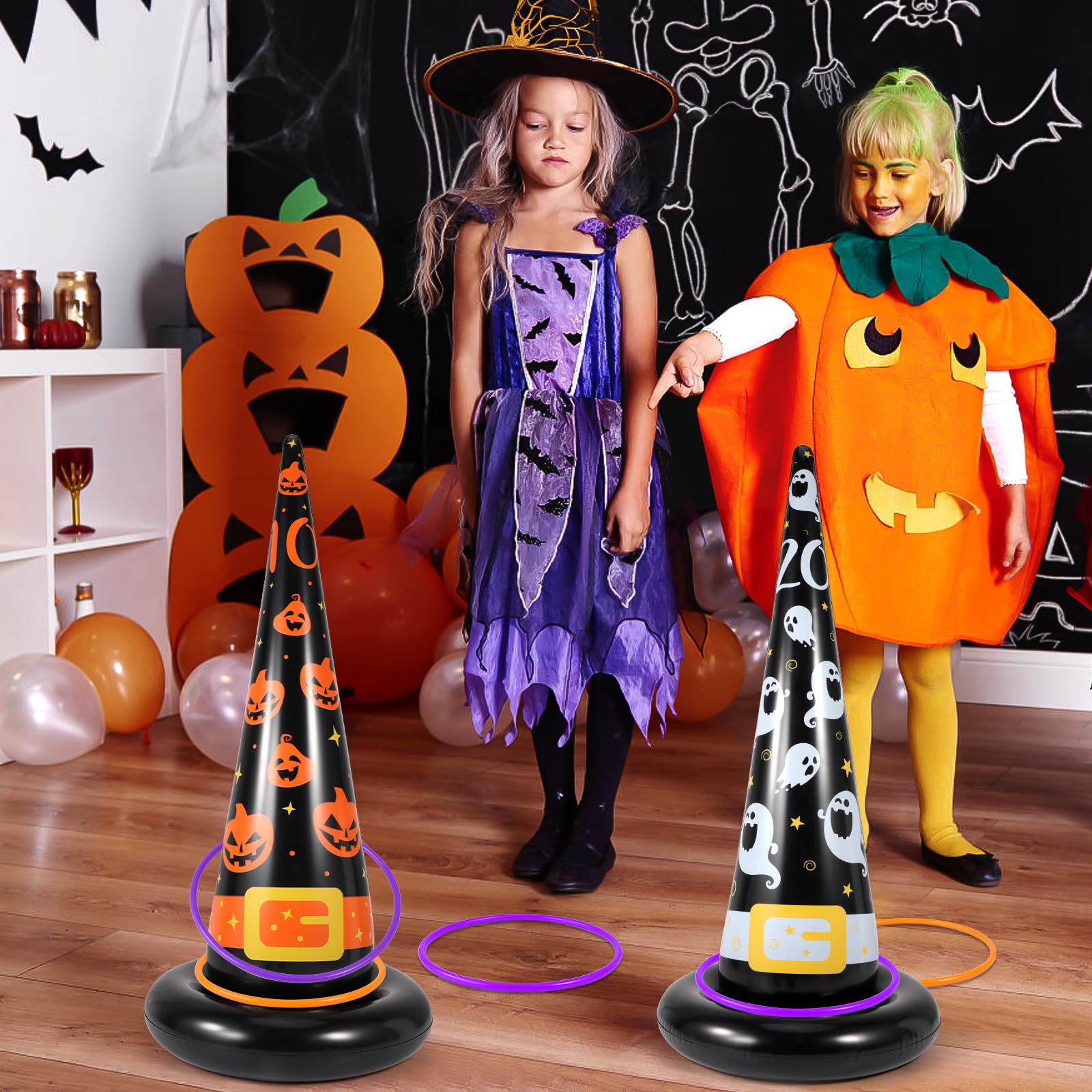 Ensemble Jeu De Lancer D'Anneaux Halloween – 5 Chapeaux Sorcière Gonflables + 10 Anneaux + Pompe – Parfait Fête Extérieur Enfants & Adultes