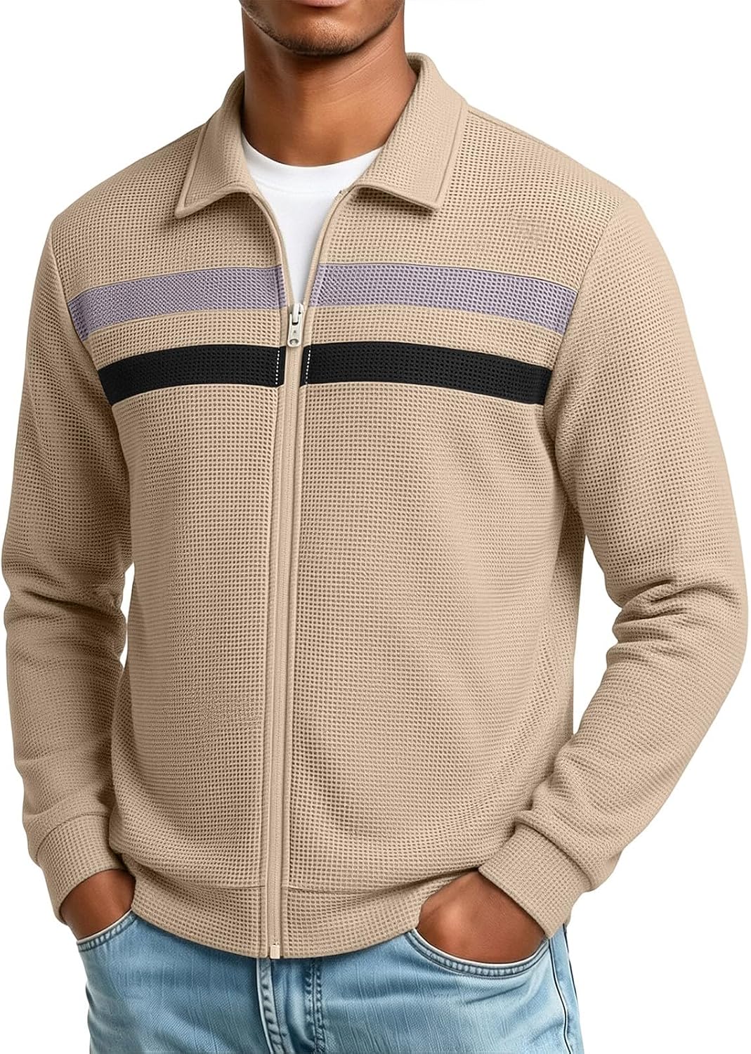 Men Waffle Knit Full Zip Jacket Lapel Collar Color‑Block Stripe Top