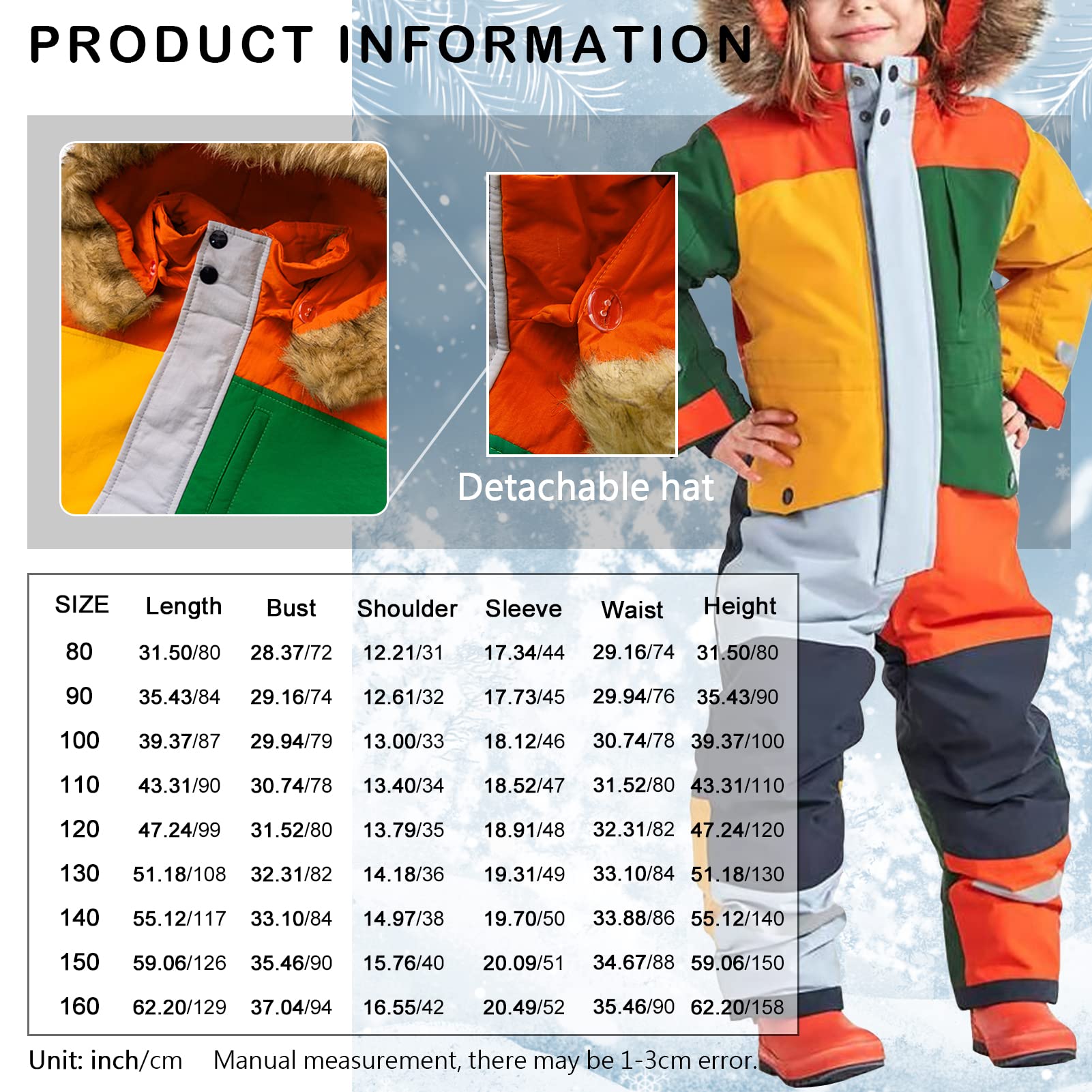 Crivit Tuta da sci per bambini e bambine, con cappuccio, colletto in pelliccia, pantaloni da sci, giacca e pantaloni da sci per attività all'aria aperta, calda e antivento, multicolore, 11