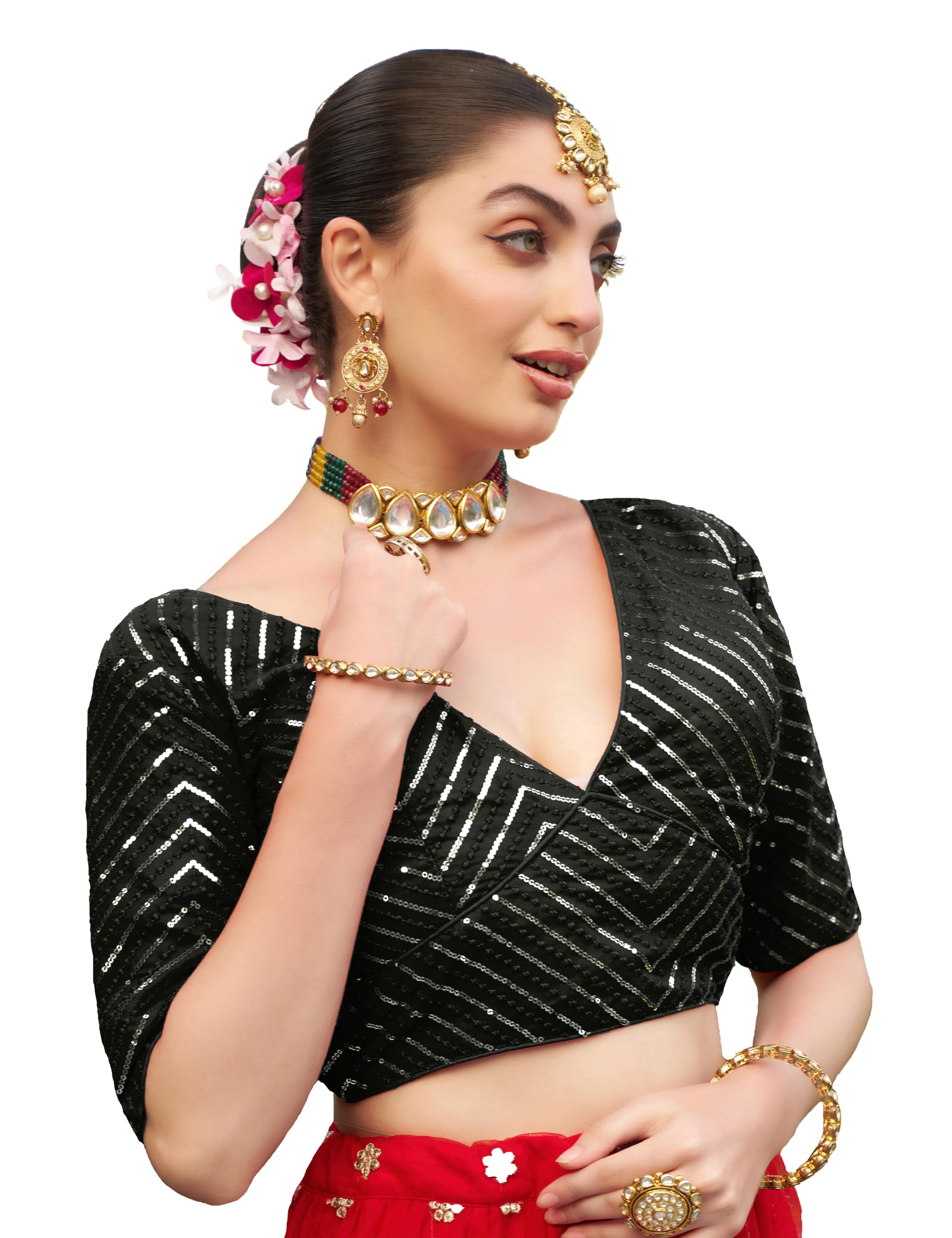 Pujia MillsWomens Fancy Readymade Ethnic wear Half Sleeve Sequins Saree Blouse sabyasachi Blouse for Women Saree and Lehenga Choli Bridal Blouse