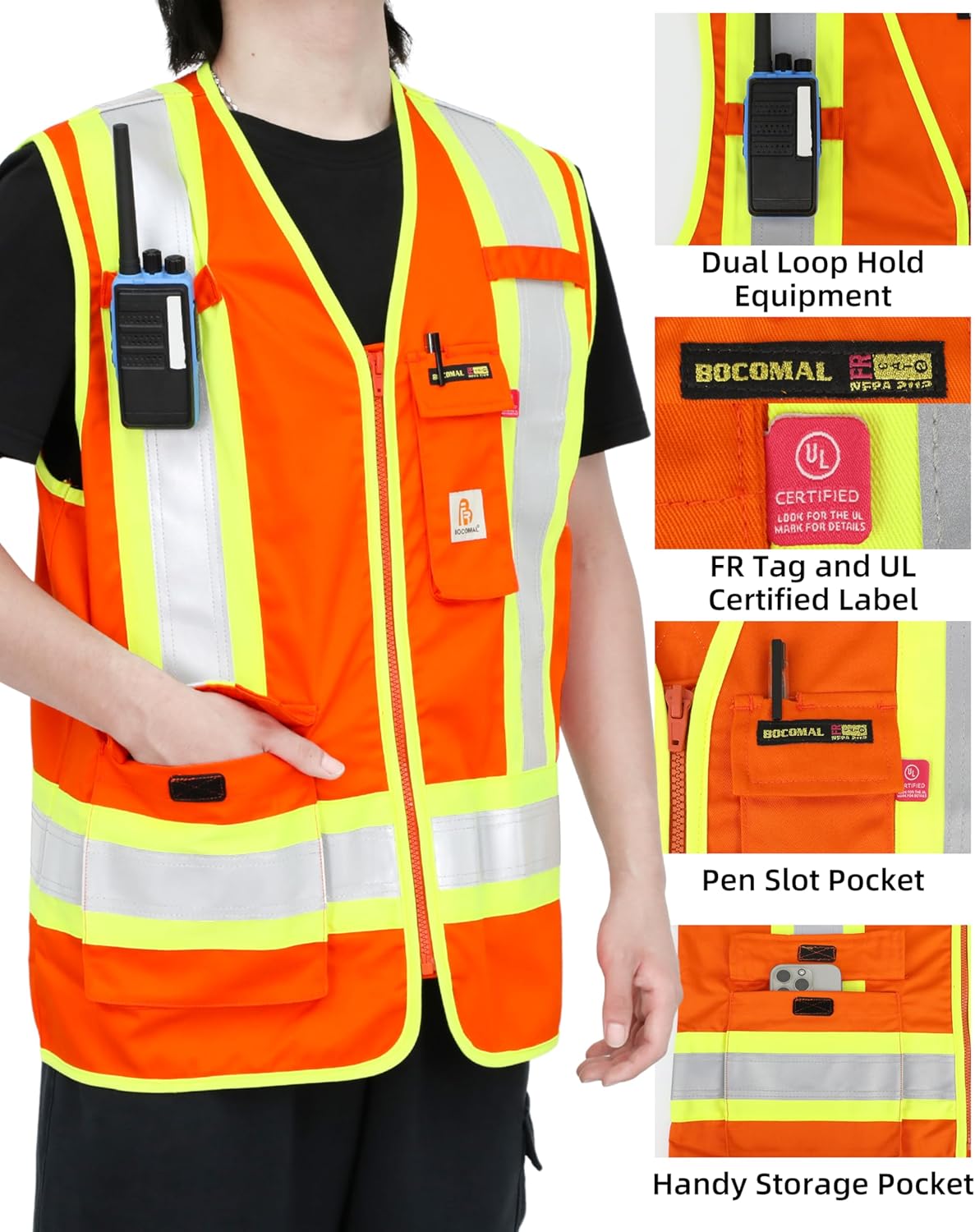 BOCOMAL FR Vest Zipper 4”Tape Hi Vis/High Visibility ANSI/ISEA NFPA2112 CAT2 Flame Resistant Satety Workwear - Image 2