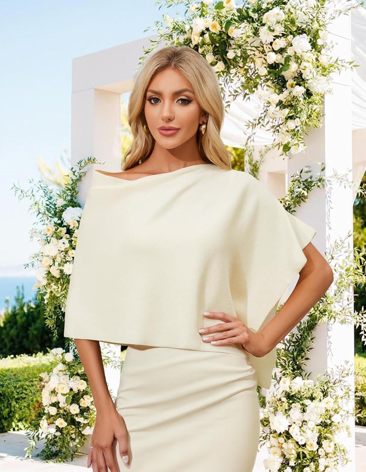 PULI Women Capri Poncho Sweater Petite Cropped Versatile Shawl Slender Frame Fit Soft Knit Wraps Cowl Neck Short Tops - Image 2