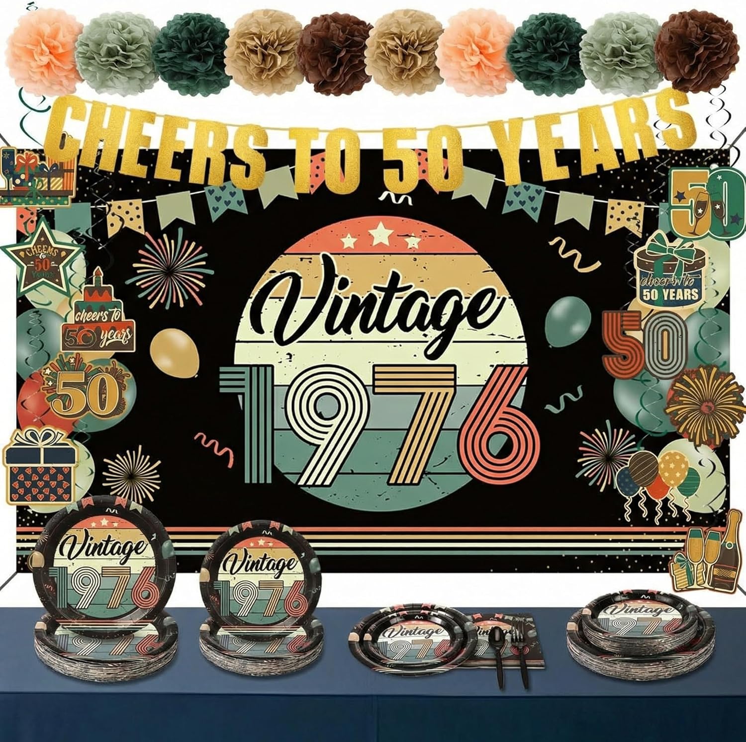 204 Pcs Vintage 50th Birthday Decorations 50th Party Supplies 1976 Banner Decoration Backdrop Banner Hanging Swirl Paper Poms 1976 Plates Napkins for Birthday Party Tableware
