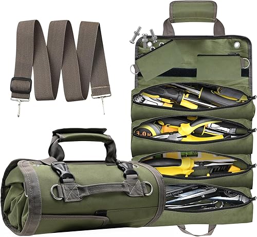 Bolsa de herramientas enrollable, bolsa enrollable de herramientas resistente, con 4 bolsillos y 2 bolsas desmontables, bolsa enrollable para papá,