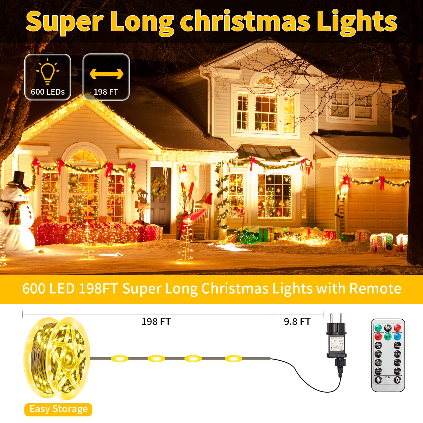 Cadena de luces LED para exteriores, 60 m, 600 ledes, luz blanca cálida, temporizador y mando a distancia | 8 modos de luz, 4 niveles de brillo y 3 funciones de temporizador, ideal para Navidad, bodas, fiestas, jardín y balcón