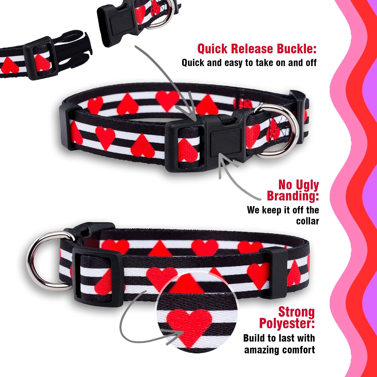 Native Pup Valentine’s Dog Collar- Valentines Day Pet Collars- Valentine Girly Hearts- Pink Red Heart- Cute Boy Girl Puppy Gift- Adjustable for Small, Medium, Large Breeds (Striped Hearts, Small) image 4