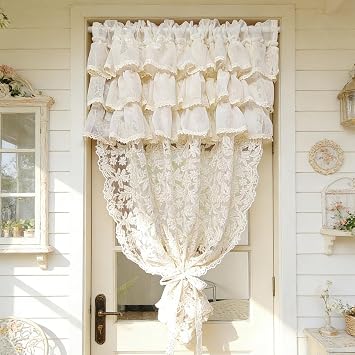 Beige 3 Layer Doorway Ruffled Lace Sheer Crochet Curtains for Living Room