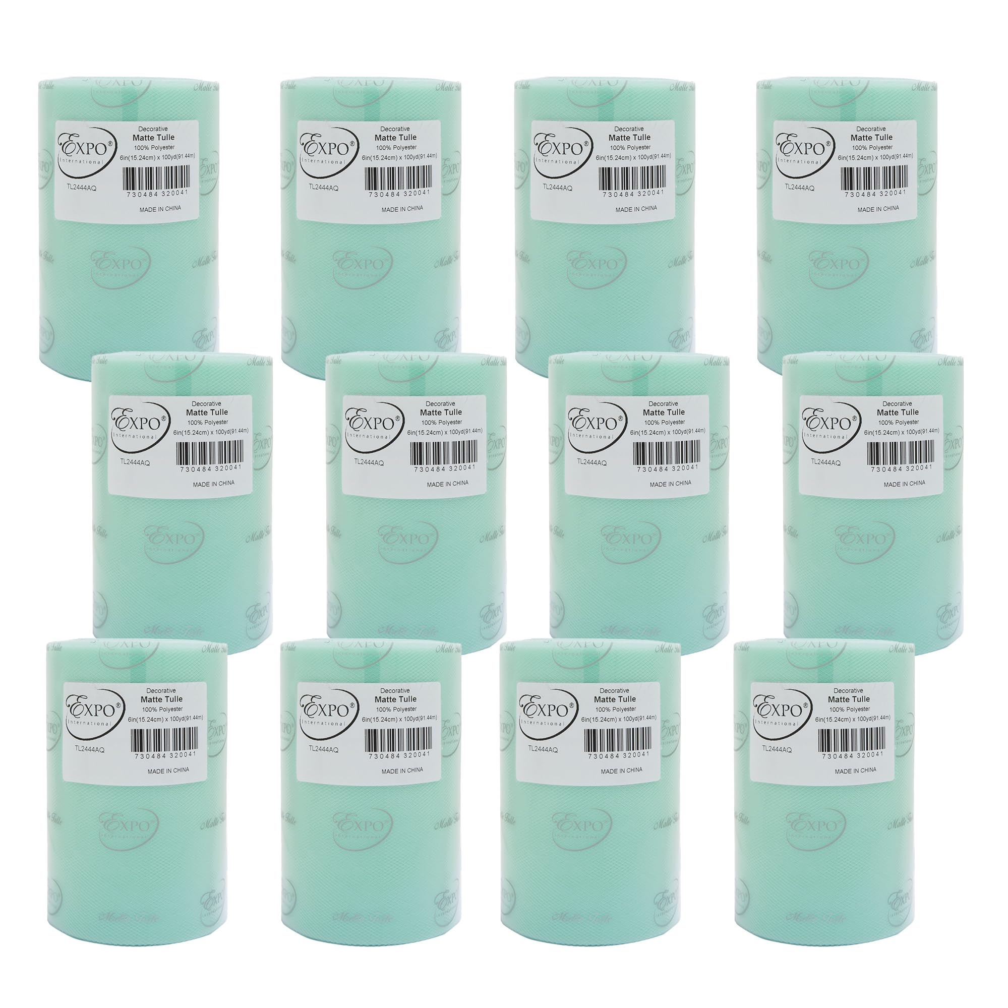 Expo International Decorative Matte Tulle, Roll/Spool of 6” X 100 Yards, Lightweight Polyester Tulle Fabric for Tutus, Costumes, and Party Decorations, Washable, Easy-to-Use, Pack of 12, Aqua Blue