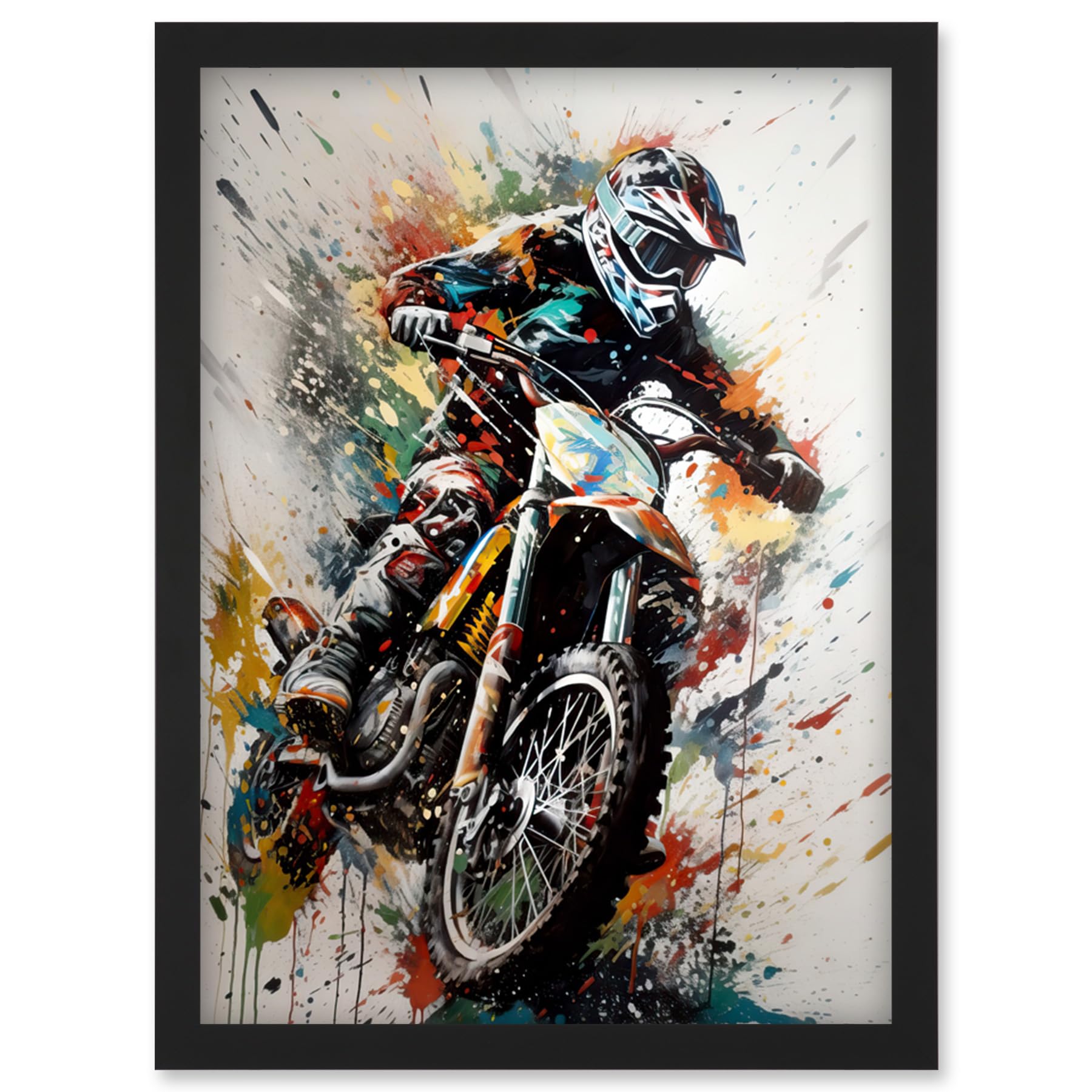 Artery8 Motocross Racer Paint Splat Action Shot Portrait Artwork Framed Wall Art Print A4