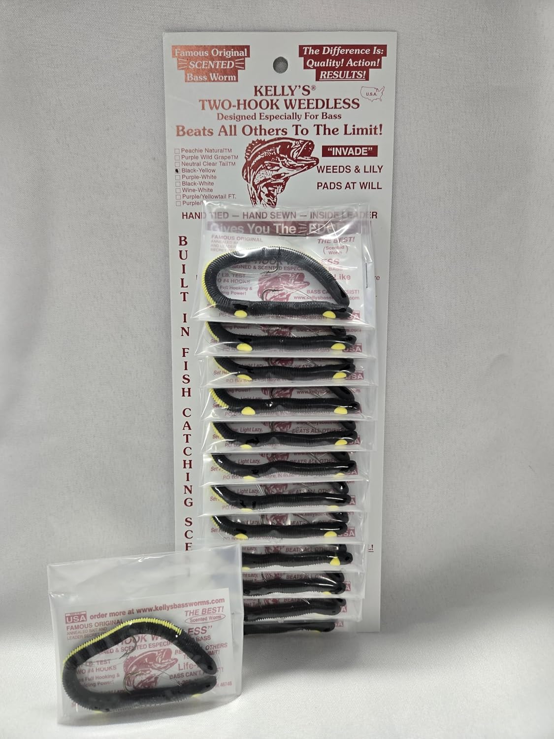 Kelly's® Two-Hook Weedless 12 Pack Anise Scented Pre-Rigged Soft Plastic 5.5 Inch Worm 9 Colors Available Made in The USA