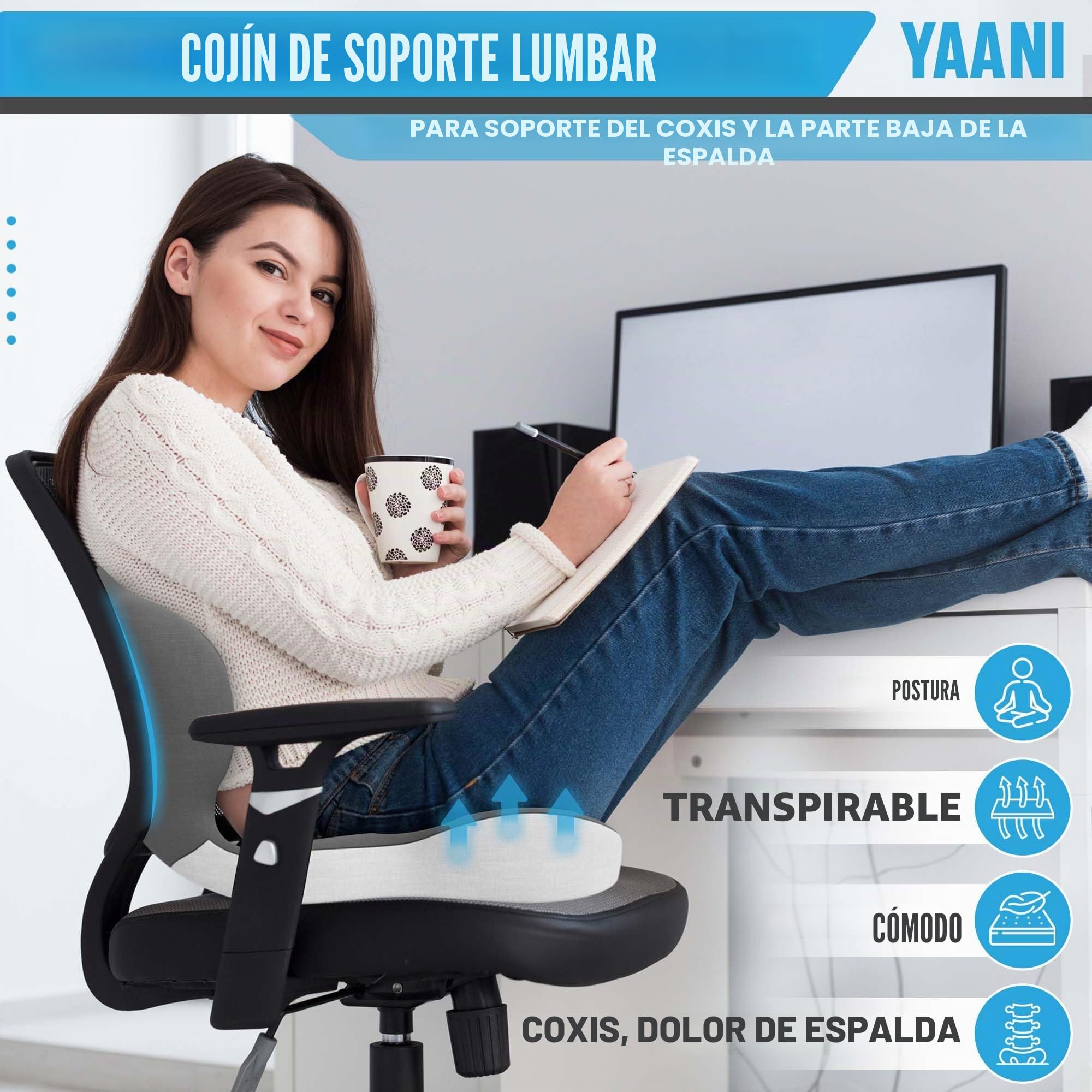 Cojín grande de espuma viscoelástica para asiento de apoyo lumbar para ciática y coxis, alivio de la presión, almohadilla para silla de oficina, coche, silla de ruedas, hogar, oficina