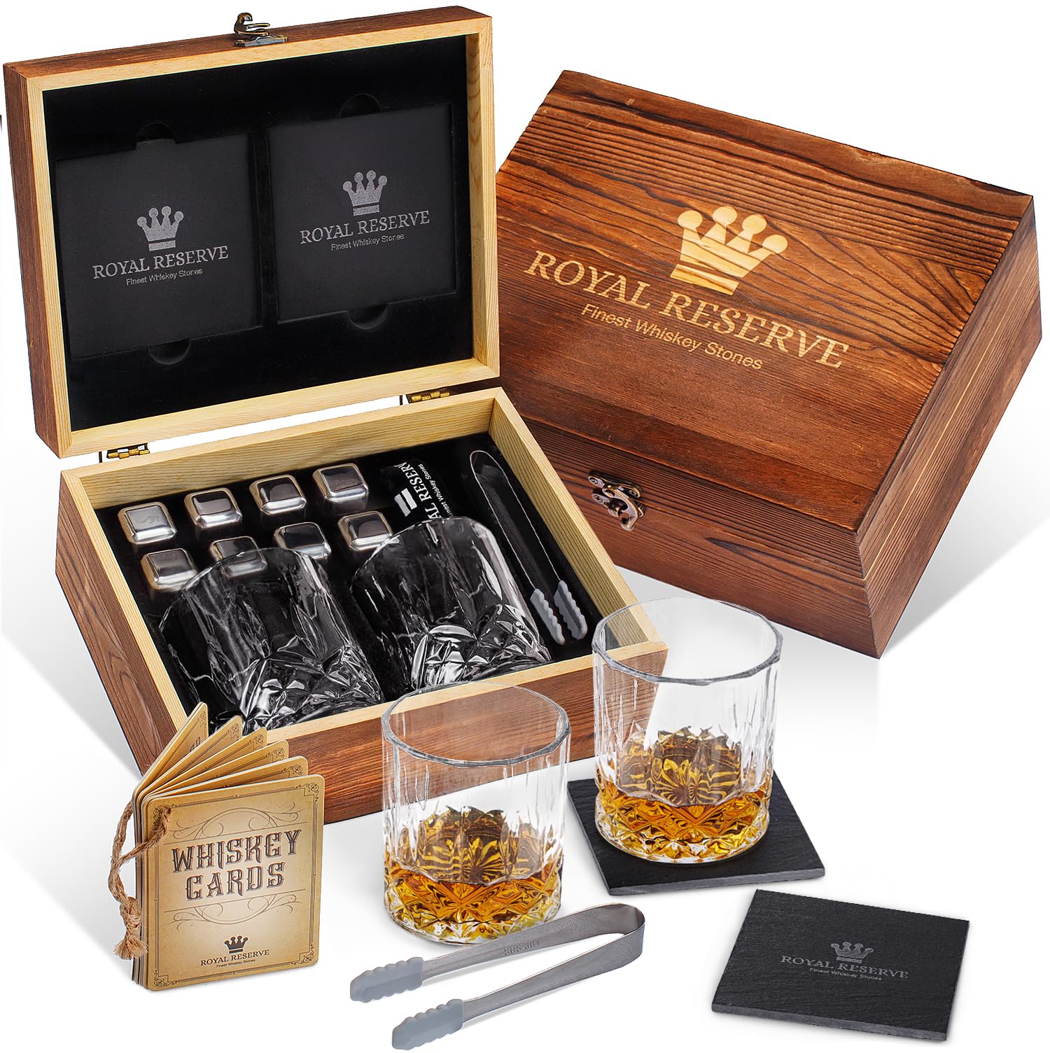 Whiskey Set by Royal Reserve – Whiskey Glasses, Stainless Chilling Stones, Coasters, Tongs - Whiskey Stones Gift Set for Men Husband Dad Boyfriend