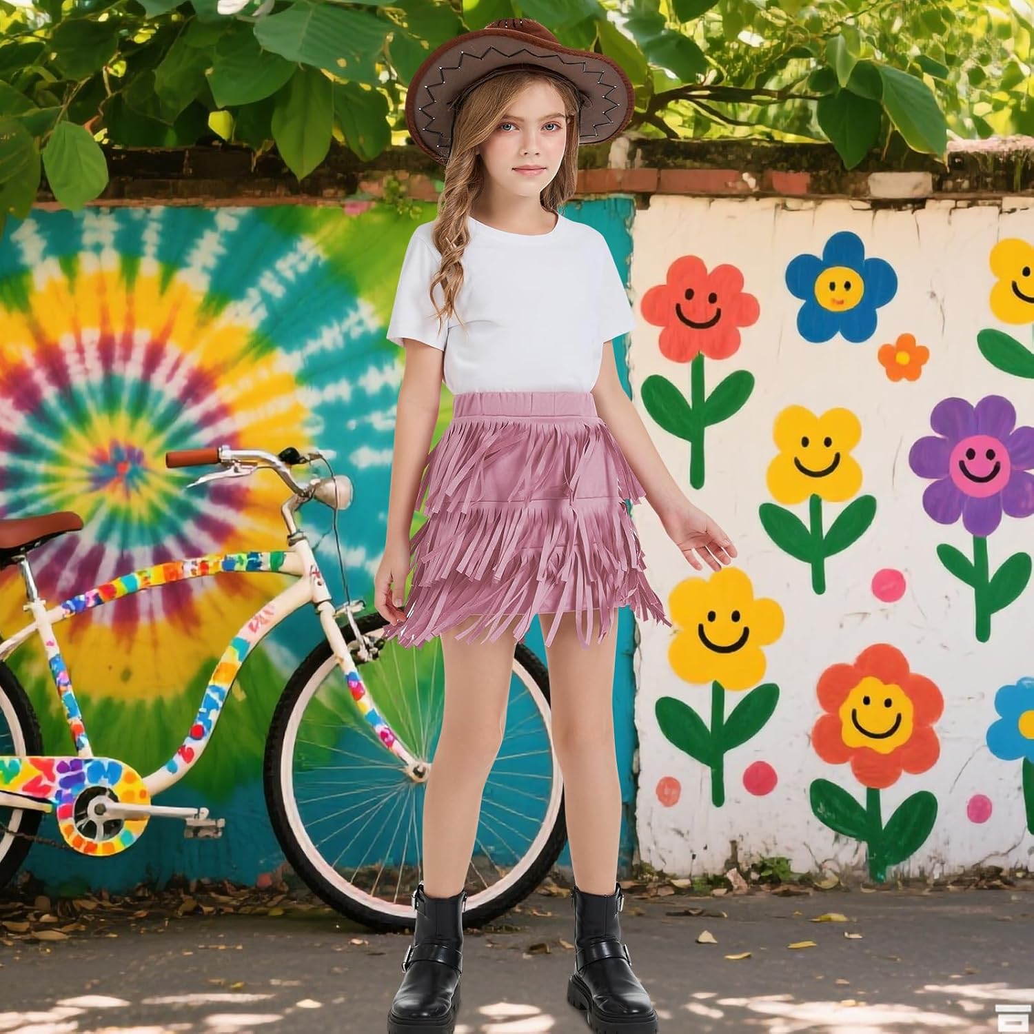 Girls Kids Fringe Skirts 60s 70s Hippie Skirt Cowgirl Western Faux Suede Tassel Leather Skirt Hallowee - Image 4