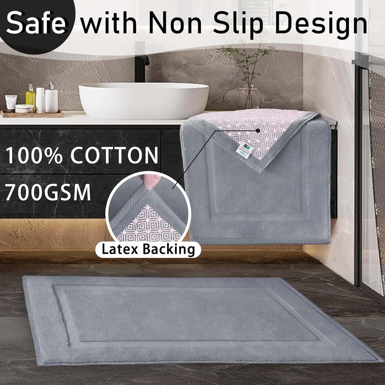 VOOVA & MOVAS Gray Cotton Non Slip Bath Mats Set of 2 Bathroom Rugs - Absorbent & Machine Washable, Hotel-Grade Quality, Thick 1000gsm, Large 22"x34", Quick-Dry, Fade-Resistant Colors