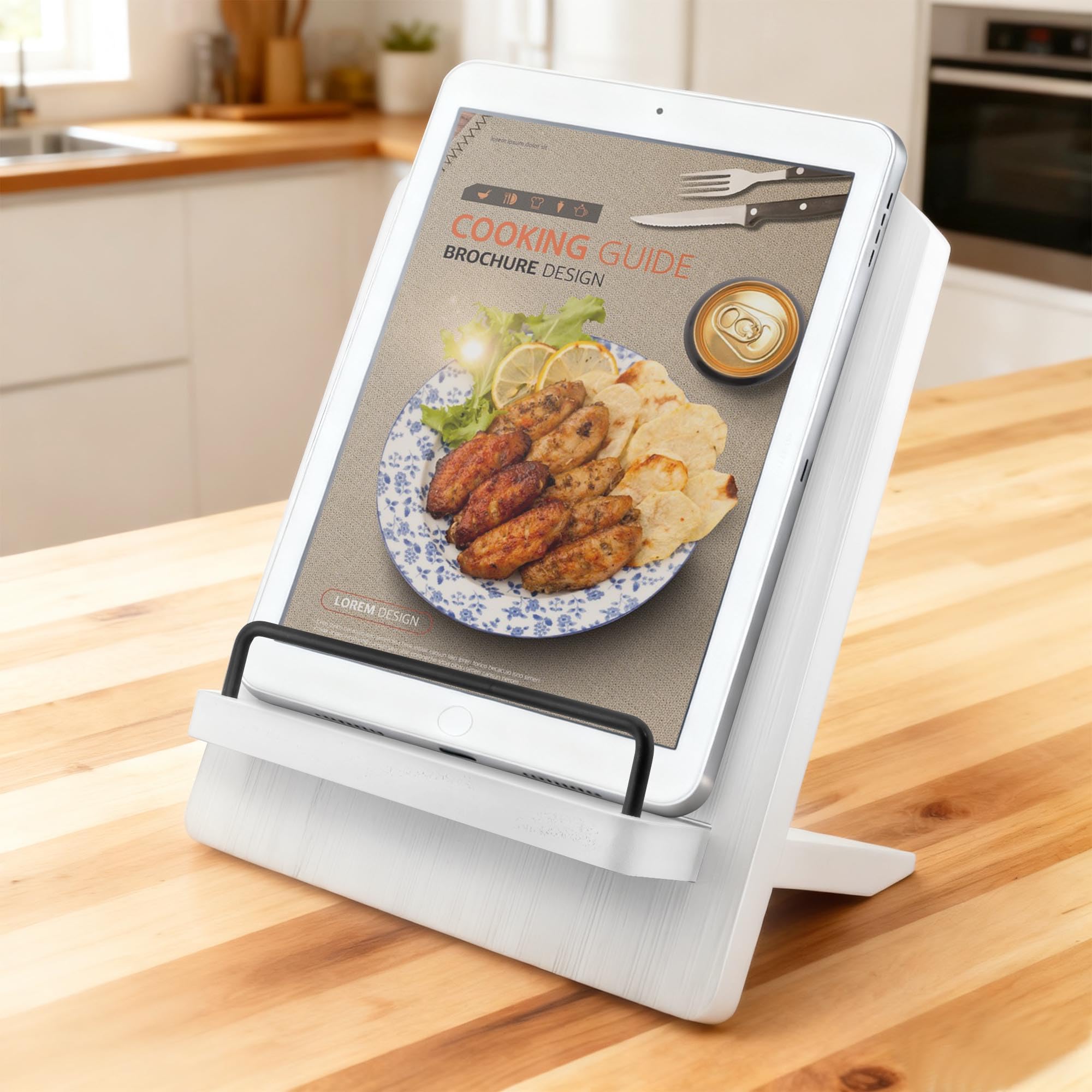 Soporte para libros de cocina, soporte de madera para recetas, soporte para libros de recetas con soporte ajustable, soporte para libros de cocina rústico (lavado en blanco)