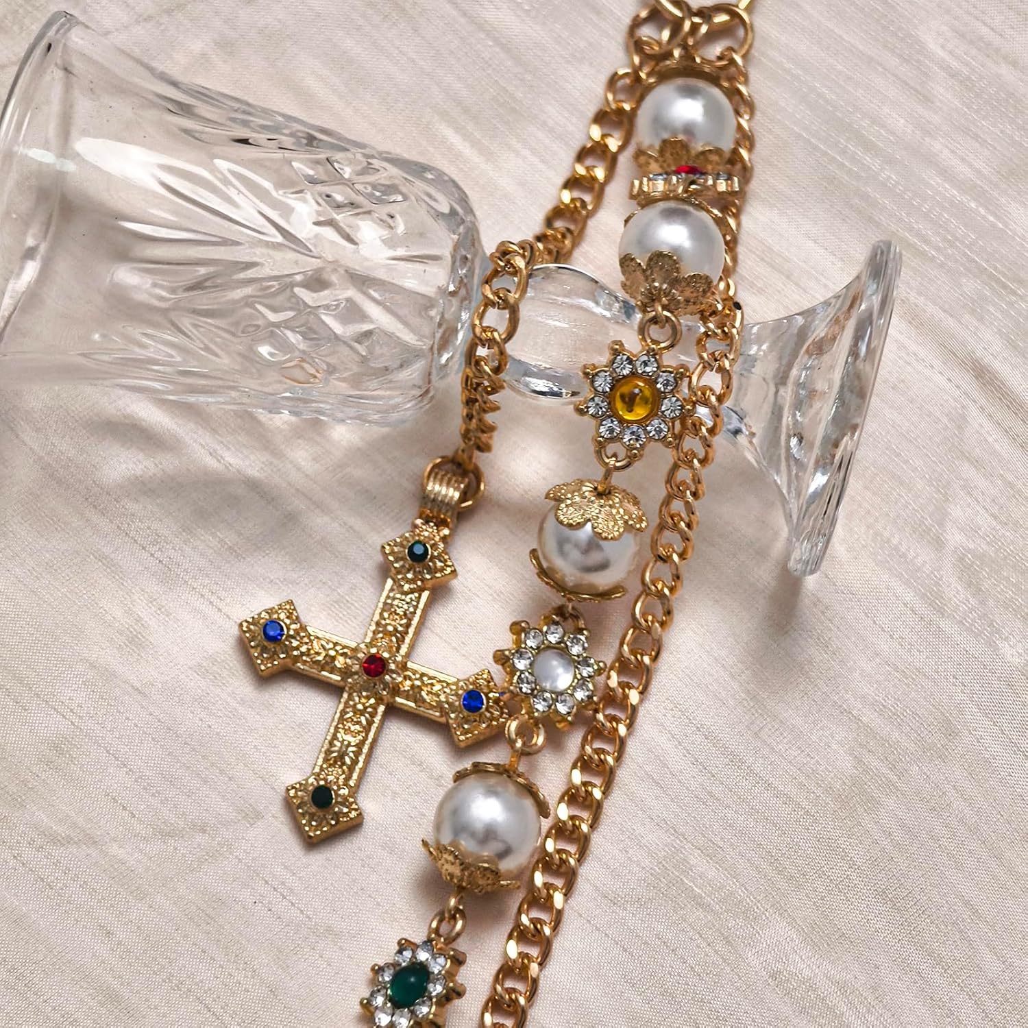 Punk Wallet Chain with Rhinestone Flower & Pearl, Layered Pants Chains Key Chain Pocket Chains Gifts for Women Men - Image 4