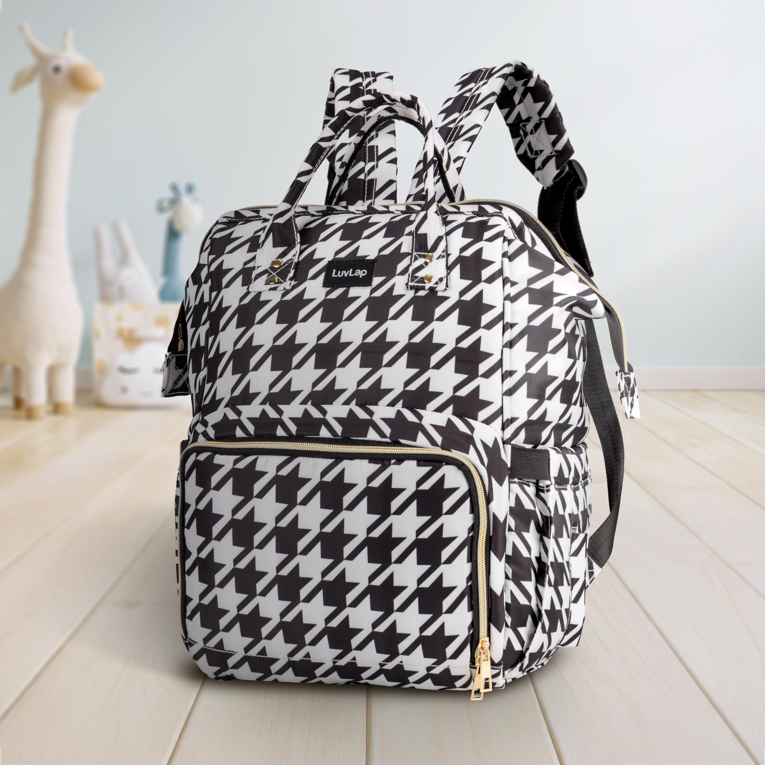 LuvLap Multifunctional Waterproof Diaper Bag for Mothers for Travel, Mother Travel Bag, Premium Oxford Waterproof Material, Large storage capacity with 15 pockets, Black & White (all over print)-image-35