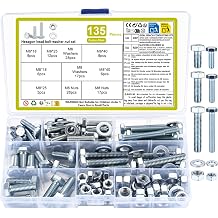 Pack of 135 M6 M8 Hex Bolts Nuts Set Metric Hex Thread Screws with Nuts Set with Washers Assortment Kit White Zinc Colour