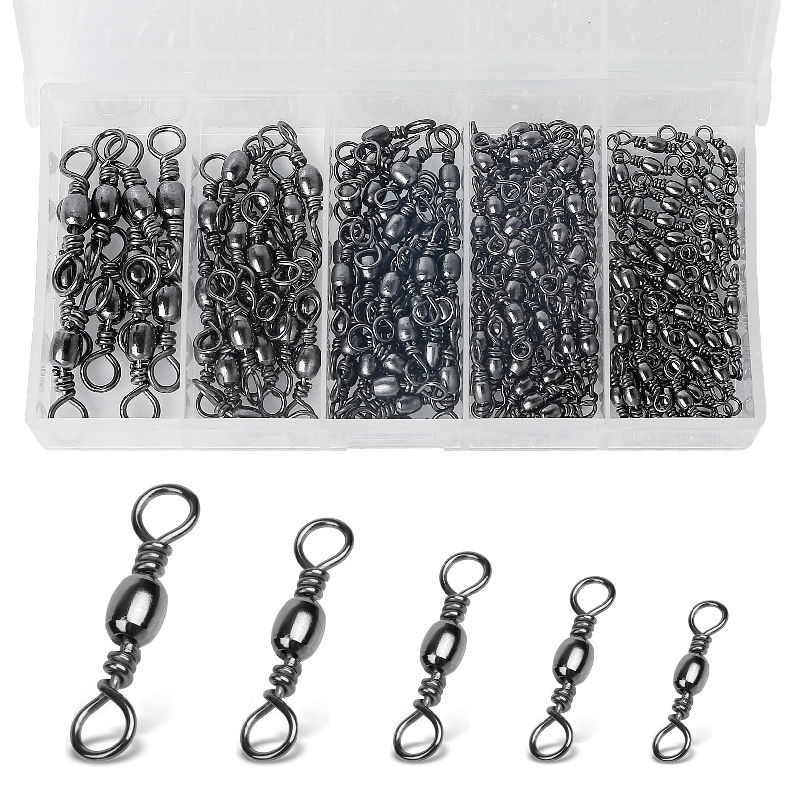 Realure 200 Pezzi Moschettoni Girelle Pesca Trota 5 Dimensioni Vortice da Pesca con Anelli Solidi Mulinello da Pesca Set Mulinello Vortice Pesca Accessori da Pesca Girella 6# 8# 10# 12# 14#