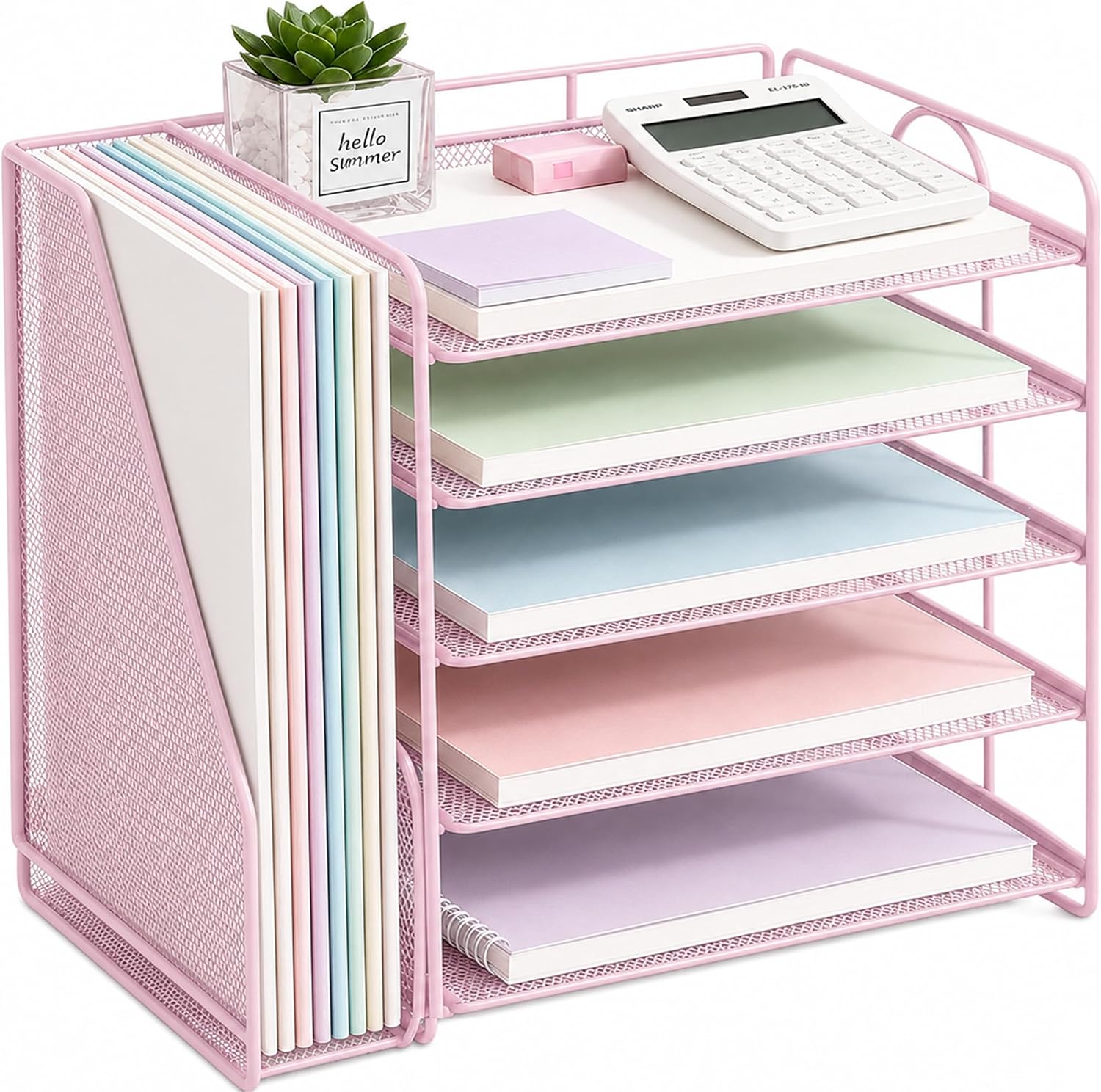  Desk Organizer, 5-Tier Paper Organizer Letter Tray, Pink | Desk Organizers and Accessories, Office Desk Accessories & Workspace Organizers, Desktop File Organizer for Office Supplies