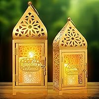 Ferrochef 2pcs Golden Moroccan Ramadan Lanterns with LED Candles - Eid Tower Holders for Indoor Outdoor Hanging Decor