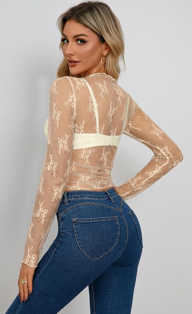 AISEW Womens Mesh Sheer Long Sleeve Crop Tops Mock Neck Sexy