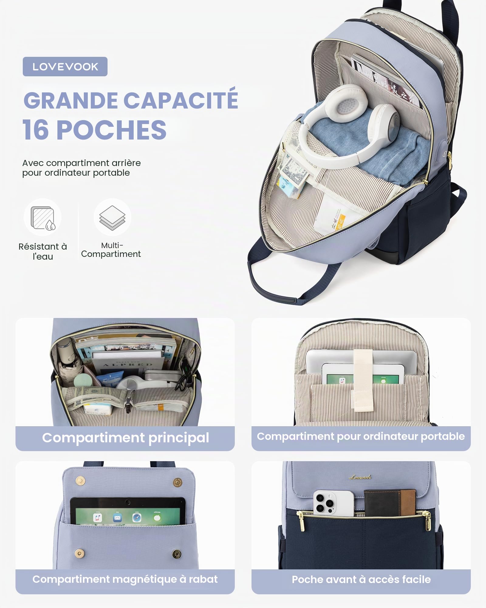 LOVEVOOK Sac a Dos Femme, 17,3 Pouces Sacs à Dos Ordinateur Portable, Antivol Imperméable Sac avec USB Charging Port, Elegant Backpack pour Travail Affaire Voyage Loisir Université