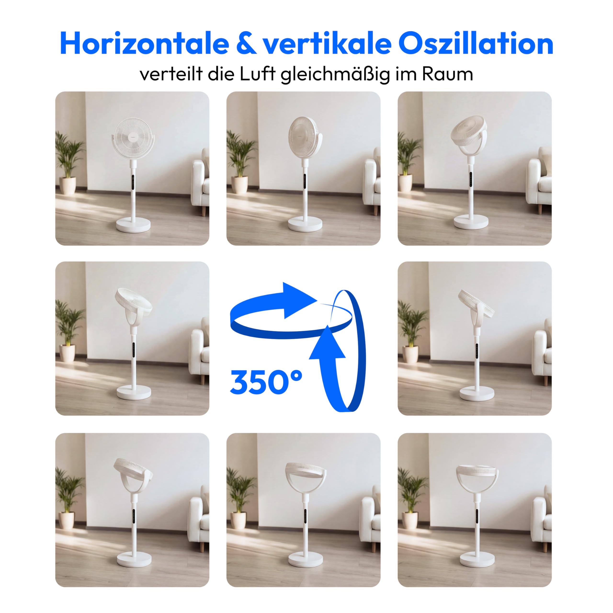 MEDION Standventilator mit Akku P25 SF - Ventilator groß, Fernbedienung, 26dB sehr leise, kabelloser Betrieb, flexibel einsetzbar, höhenverstellbar, 10 Stufen, 24 Watt, 350° Oszillation, Nachtlicht