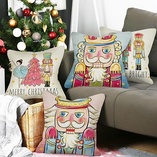 Miniatura 7 de Juego de 4 fundas de almohada decorativas con diseño de cascanueces de Feliz Navidad de 16 x 16 pulgadas, decoración de fundas de cojín de madera de