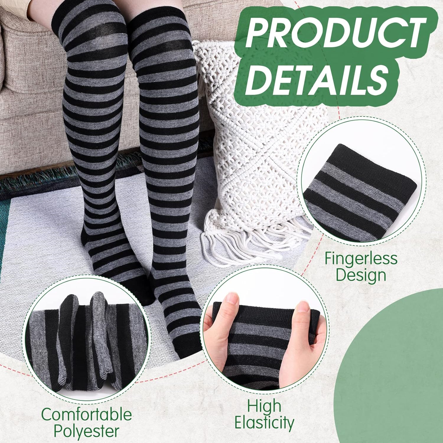 SATINIOR 6 Pair Women's Striped Knee High Winter Thigh Socks Arm Warmer Fingerless Gloves Christmas - Image 3
