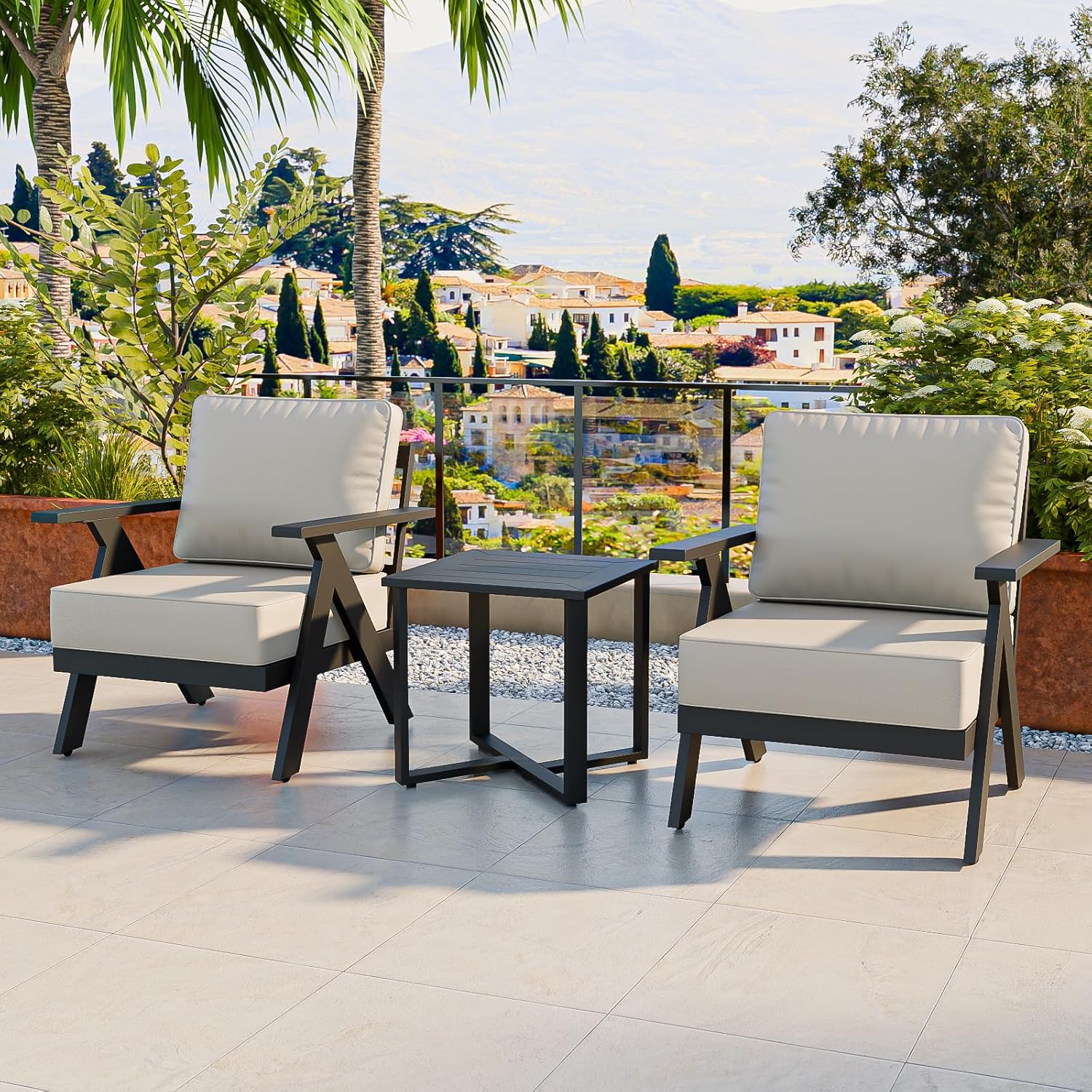 COOS BAY Iron Luxe 3 Piece Outdoor Bistro Set with Patio Chairs and Side Table, Modern Patio Furniture for Balcony Deck Garden, Black/Beige