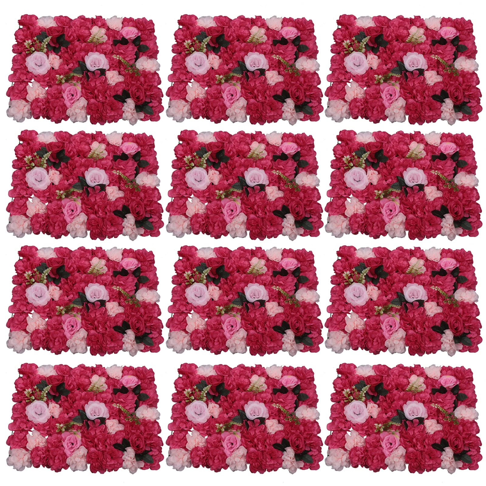 Blumenwand Wandpaneel 12 Stück Blumen Pflanze künstliche Blumenkulisse Rose Panel für DIY Hochzeit Party 60 * 40cm (Rosarot)