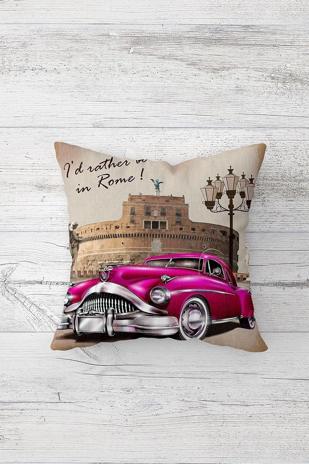 Pelangi Fuşya Nostaljik Arabalı Roma Çift Taraflı Gizli Fermuarlı Dekoratif Kırlent Koltuk Yastık Kılıfı, çok renkli 45 x 45, 2469101145451