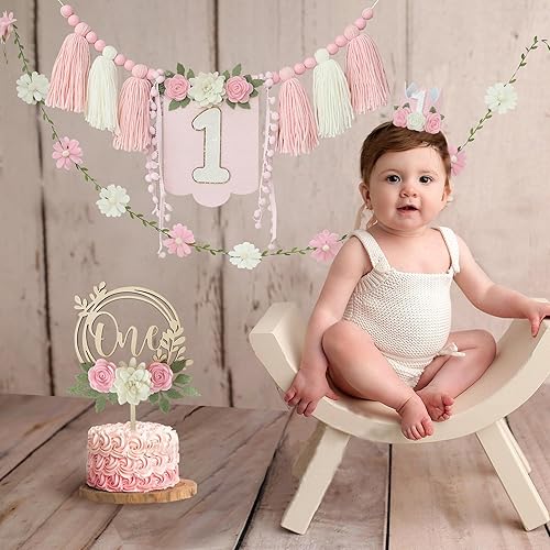 Vista 78 de Juego de decoración de primera fiesta con diseño de margaritas bohemias para silla de bebé, decoración de primera fiesta con adorno de pastel hecho